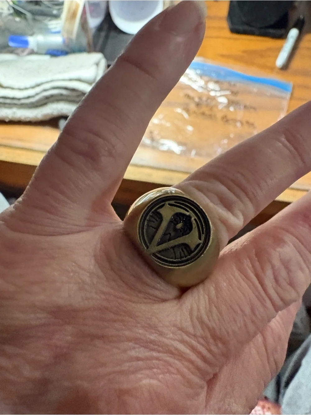 Men's Brass Signet Ring with Shield Emblem - stainless steel 8 3/4 gold tone